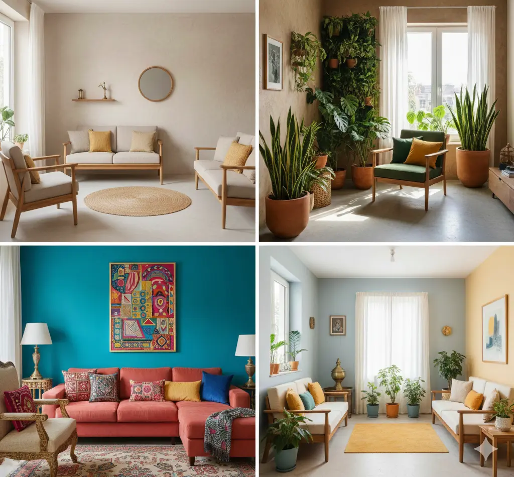 A collage of four modern Indian apartment living rooms showcasing 2026 color palette trends, including neutral minimalist tones, biophilic green accents, vibrant jewel-toned walls, and soft pastel combinations for contemporary interior design.