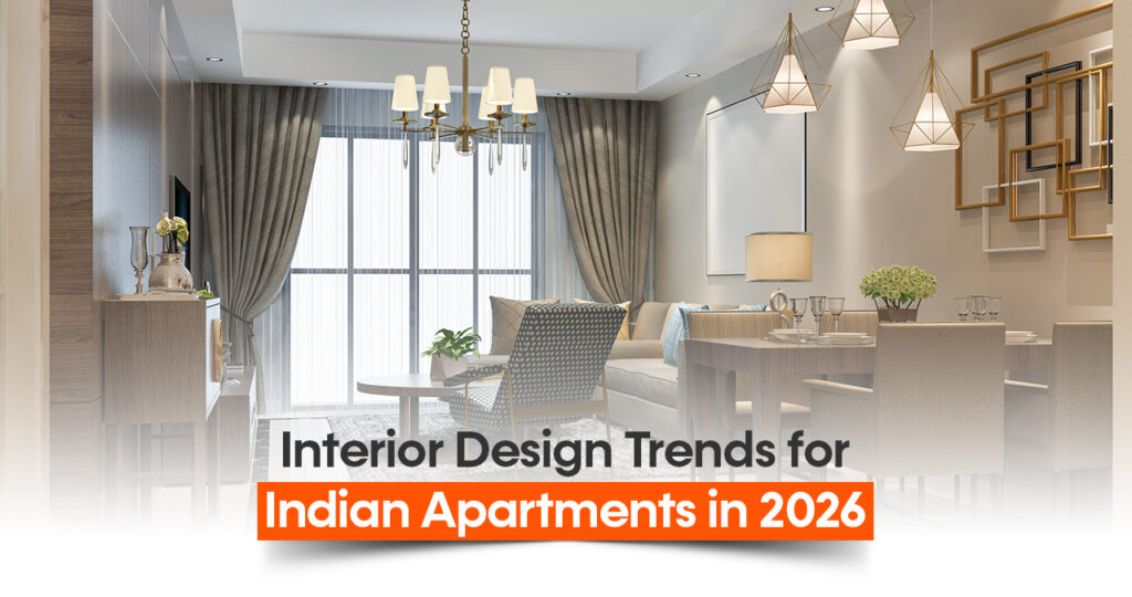 A modern Indian apartment interior featuring elegant lighting, contemporary furniture, and neutral décor, showcasing the leading interior design trends for Indian homes in 2026.