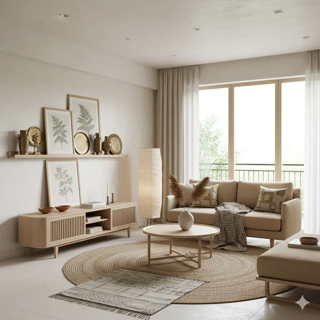 A Japandi-style Indian living room featuring neutral tones, light wood furniture, minimalist decor, natural textures, and soft lighting that blends Japanese minimalism with Scandinavian warmth.