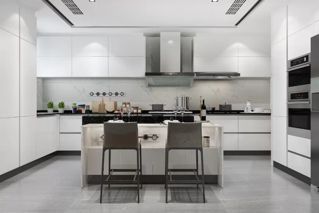 A sleek modern modular kitchen featuring an L-shaped layout, glossy white cabinets, built-in appliances, a central island with seating, and smart storage solutions designed for efficient Indian apartment living.