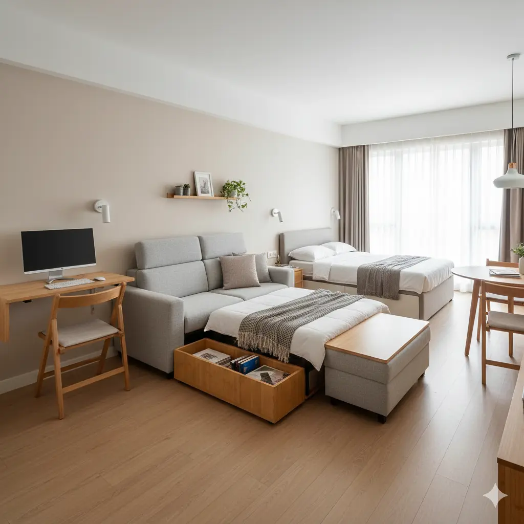 A modern compact Indian apartment featuring multifunctional furniture including a sofa bed with built-in storage, storage ottoman, wall-mounted desk, and space-saving modular layout for smart space utilization.