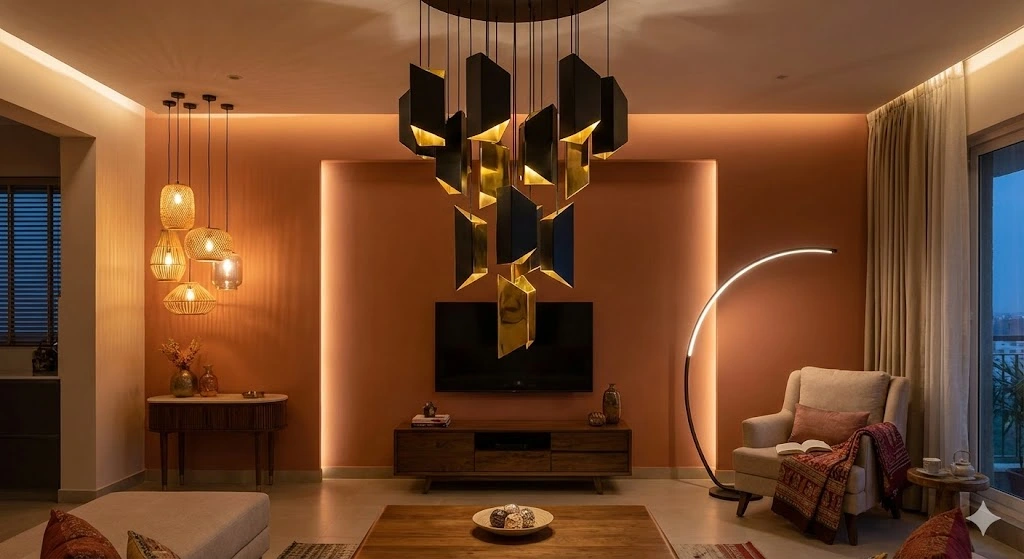 A modern Indian apartment living room featuring dramatic statement lighting, including a geometric chandelier, warm ambient LED wall lighting, sculptural pendants, and a curved floor lamp that highlights lighting as functional art.