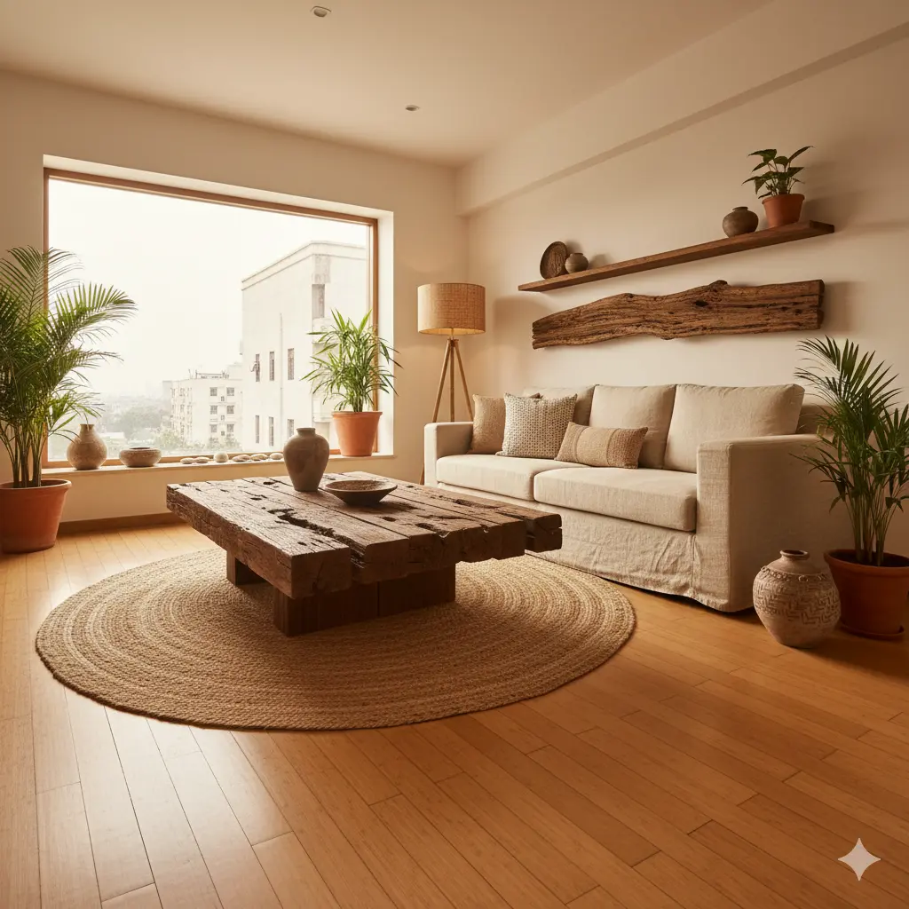 A sustainable Indian living room featuring bamboo flooring, reclaimed wood furniture, jute rug, terracotta planters, and indoor plants creating a natural, eco-friendly interior design aesthetic.