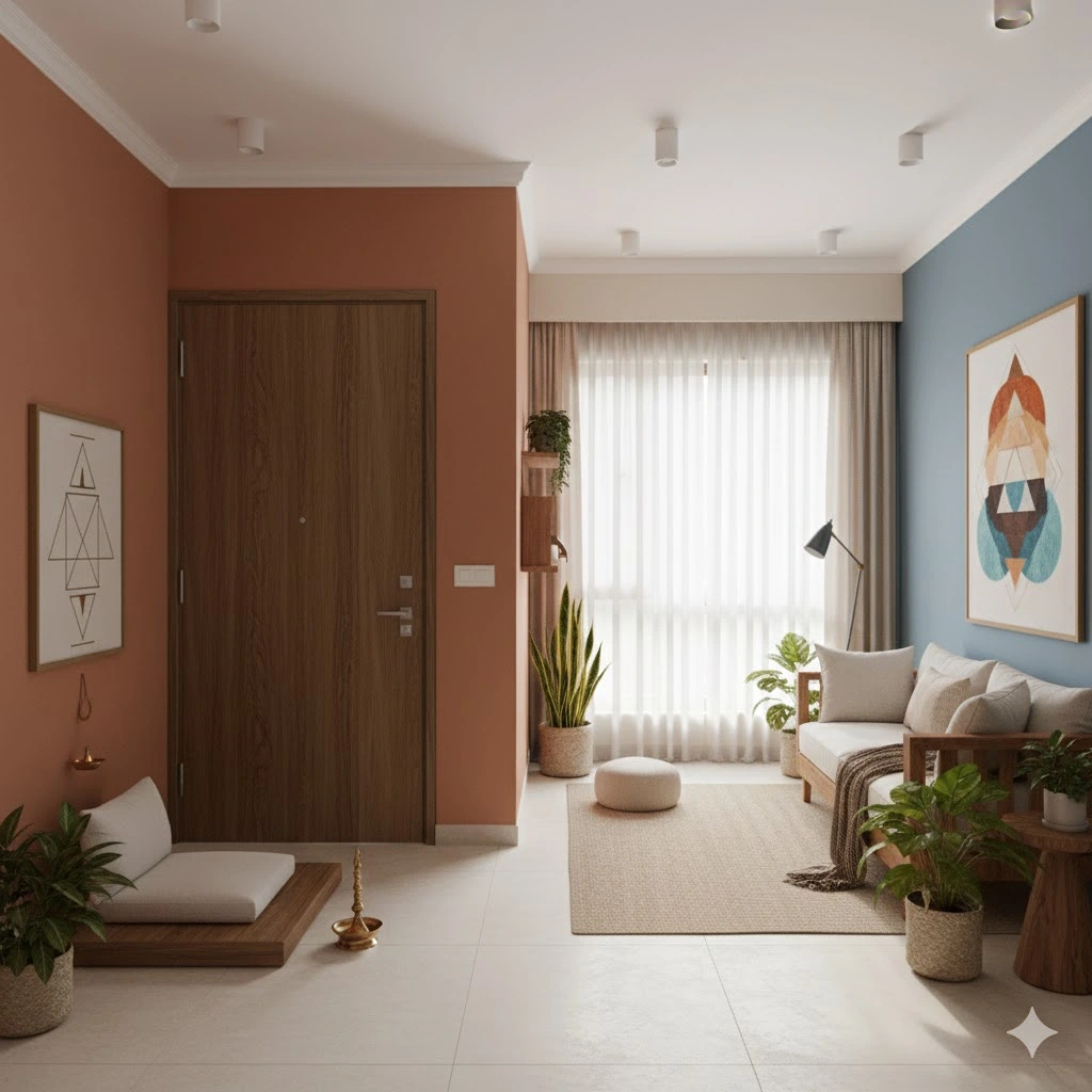 A modern Indian apartment interior designed with Vastu principles, featuring a meditation corner in soft terracotta tones, natural lighting, indoor plants, sacred geometry artwork, and harmonious furniture placement to promote balanced energy flow.